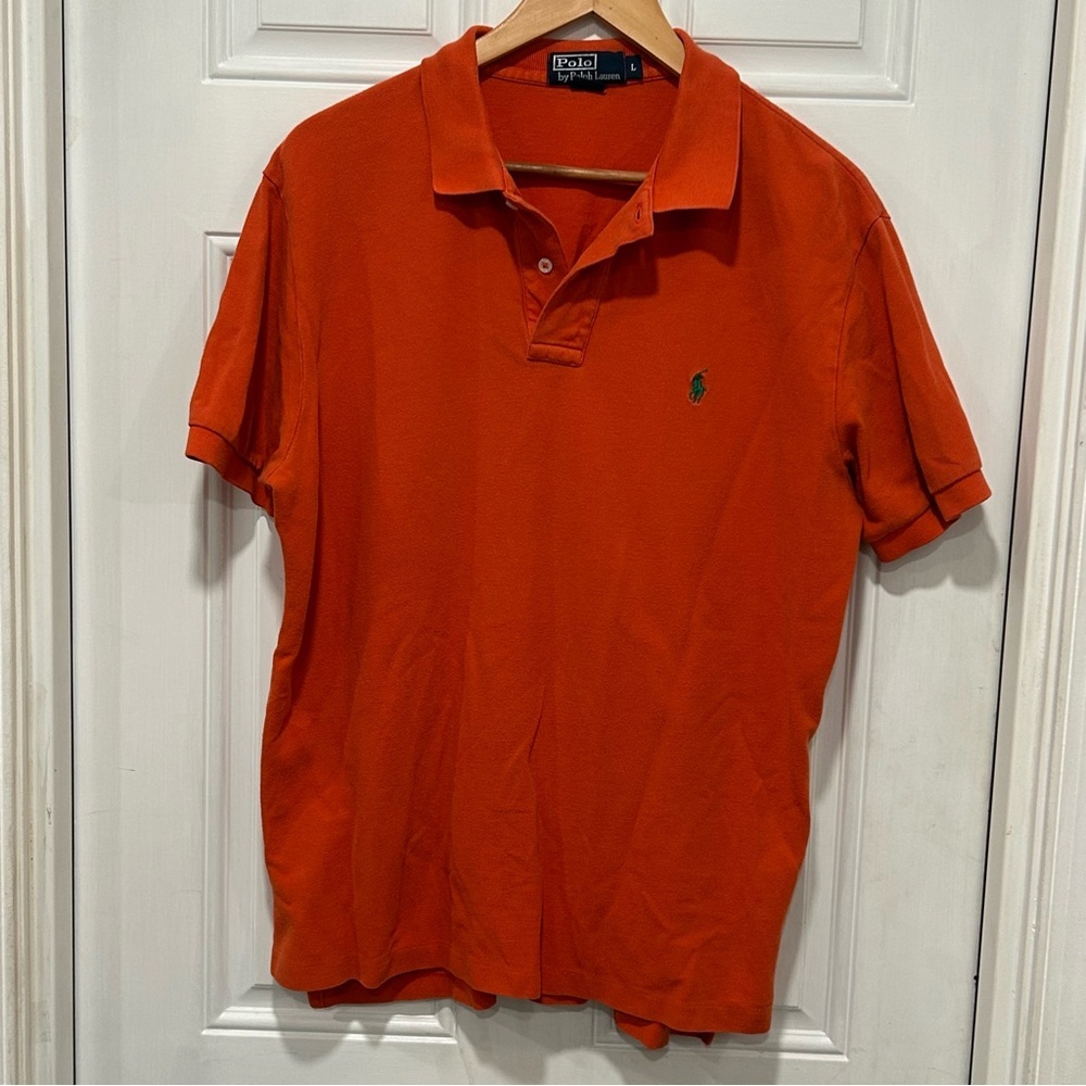 Polo Ralph Lauren Men’s Short Sleeve Pique polo shirt, Orange, Green Pony, Large